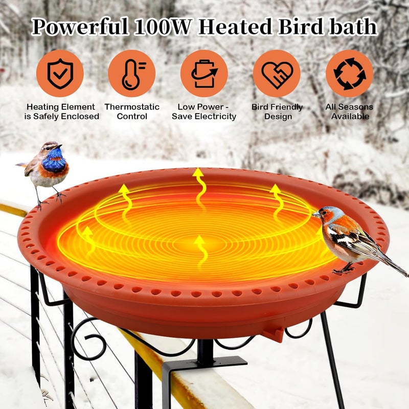 Lovppy Heated Bird Baths for Outdoors for Winter, 100W Heated Bird Bath Water Heater with Thermostatically Controlled, Heated Bird Bath for Deck Railing Outside Garden Patio Yard (Brown) - Image 2